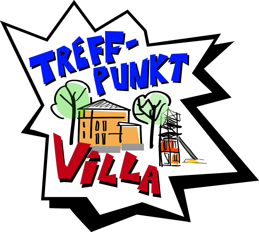 Das Logo des Treffpunktes Villa - das Haus umgeben von Bäumen und in Nachbarschaft des Carolinen-Spielplatzes